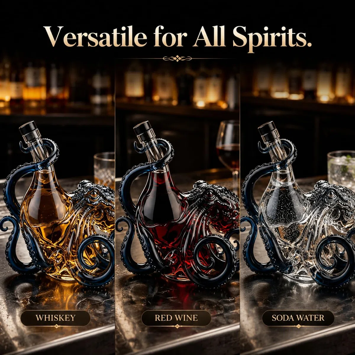 Botella decantadora de vidrio en forma de pulpo 3D artística de borsilicato de 350ml para whisky, vino, licores. Botella de vino de pulpo única, decoración náutica de bar, regalo coleccionable para