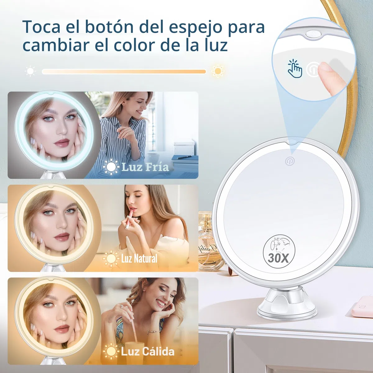 MIYADIVA Espejo de Aumento con Luz 30X, Espejo de Maquillaje de Aumento 30X para Maquillaje de Precisión, 3 Modos de Colores y Brillo Ajustable, Espejo para Baño 8 Pulgadas