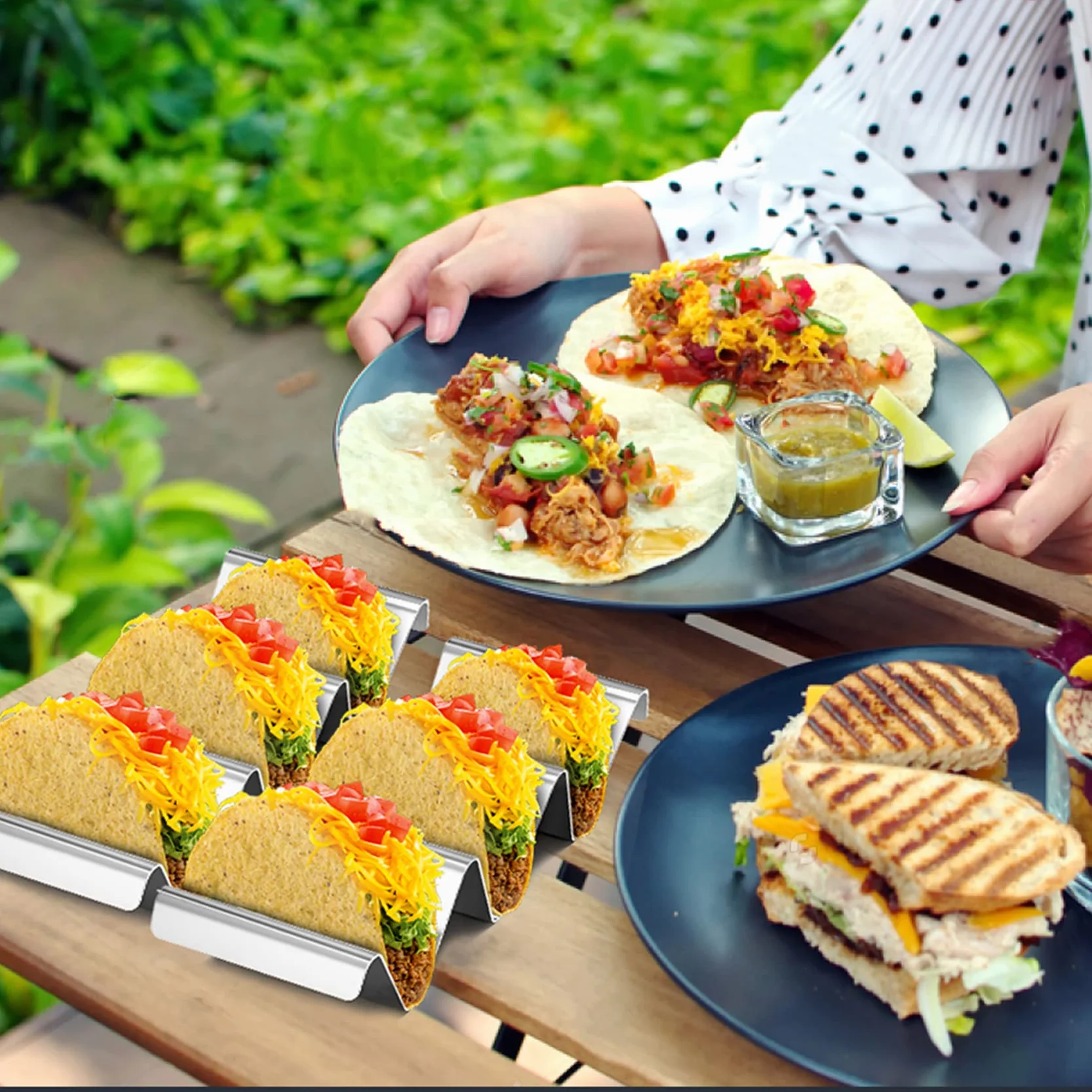 onlyfire Soporte de taco de acero inoxidable, 4 bandejas de taco sólidas con asas