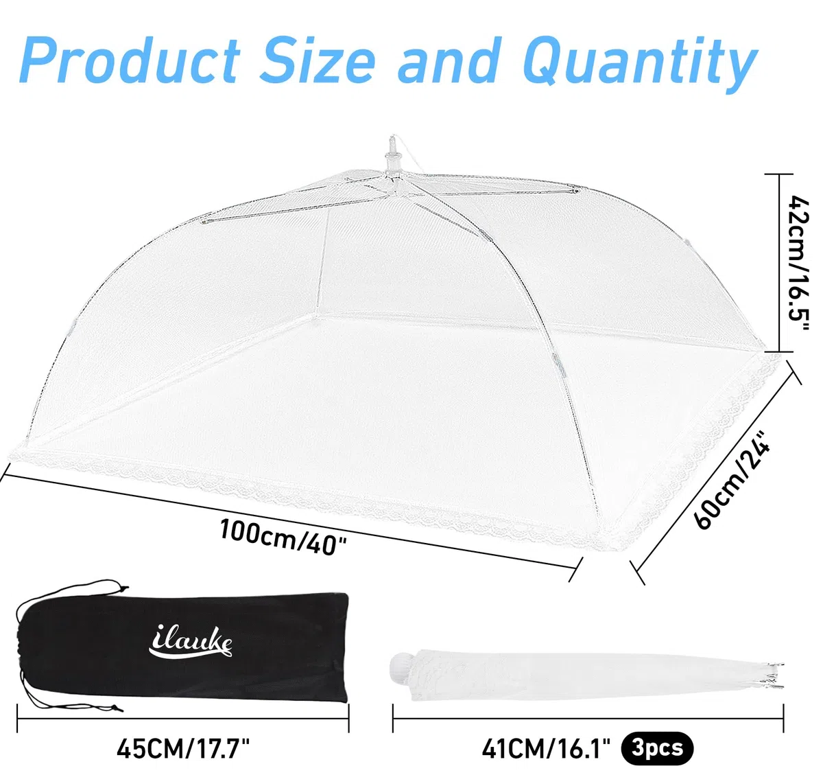 ilauke - Campana de comida plegable, 3 piezas, color blanco, campana para pastel, campana, para alimentos, antiinsectos, 100 x 60 cm, para exteriores, casa, barbacoas, viajes de camping, picnics