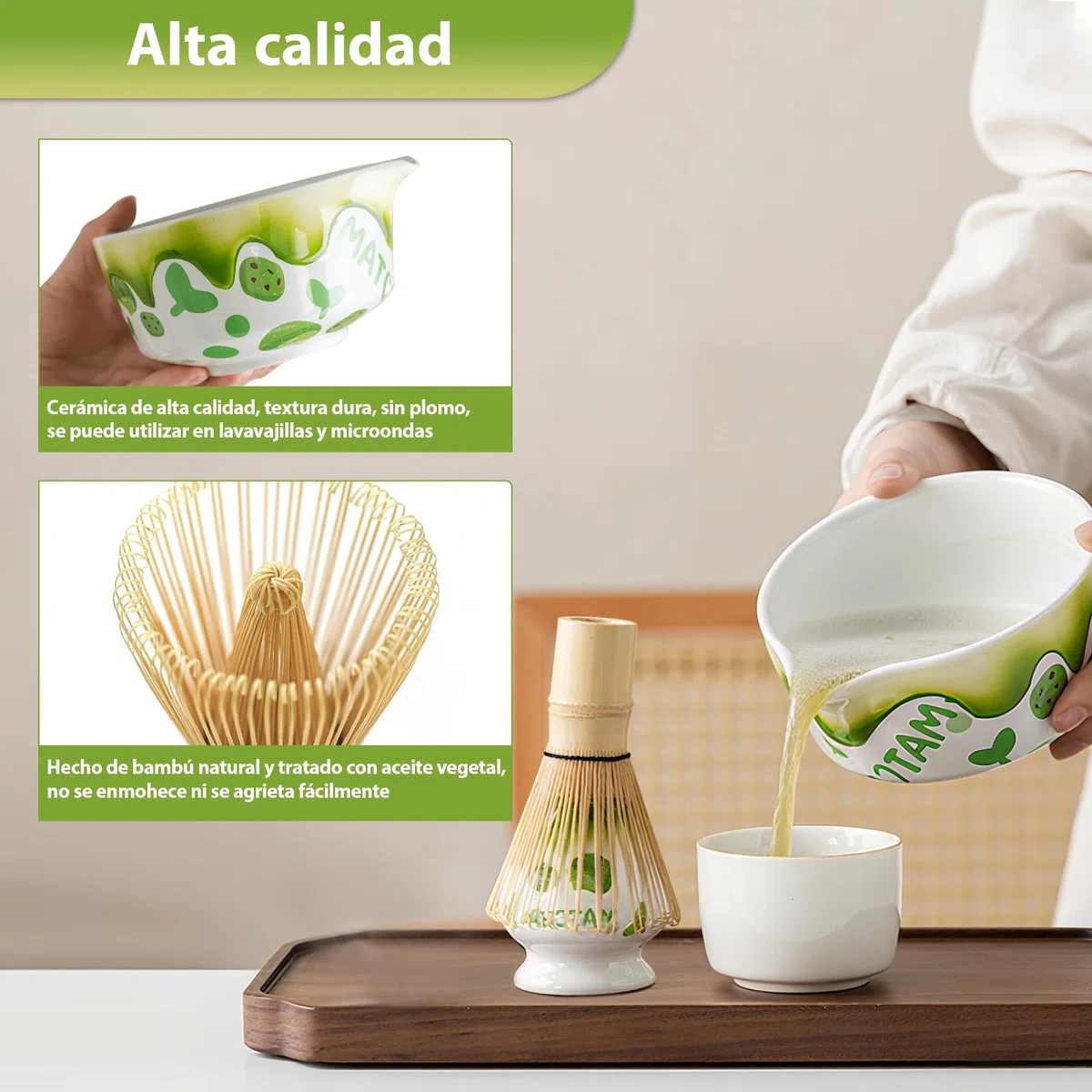 Juego de 5 piezas de matcha, elegante juego de té Macha verde, juego de escoba matcha para los amantes del matcha, accesorios de matcha con soporte para escoba, filtro colador y cuenco