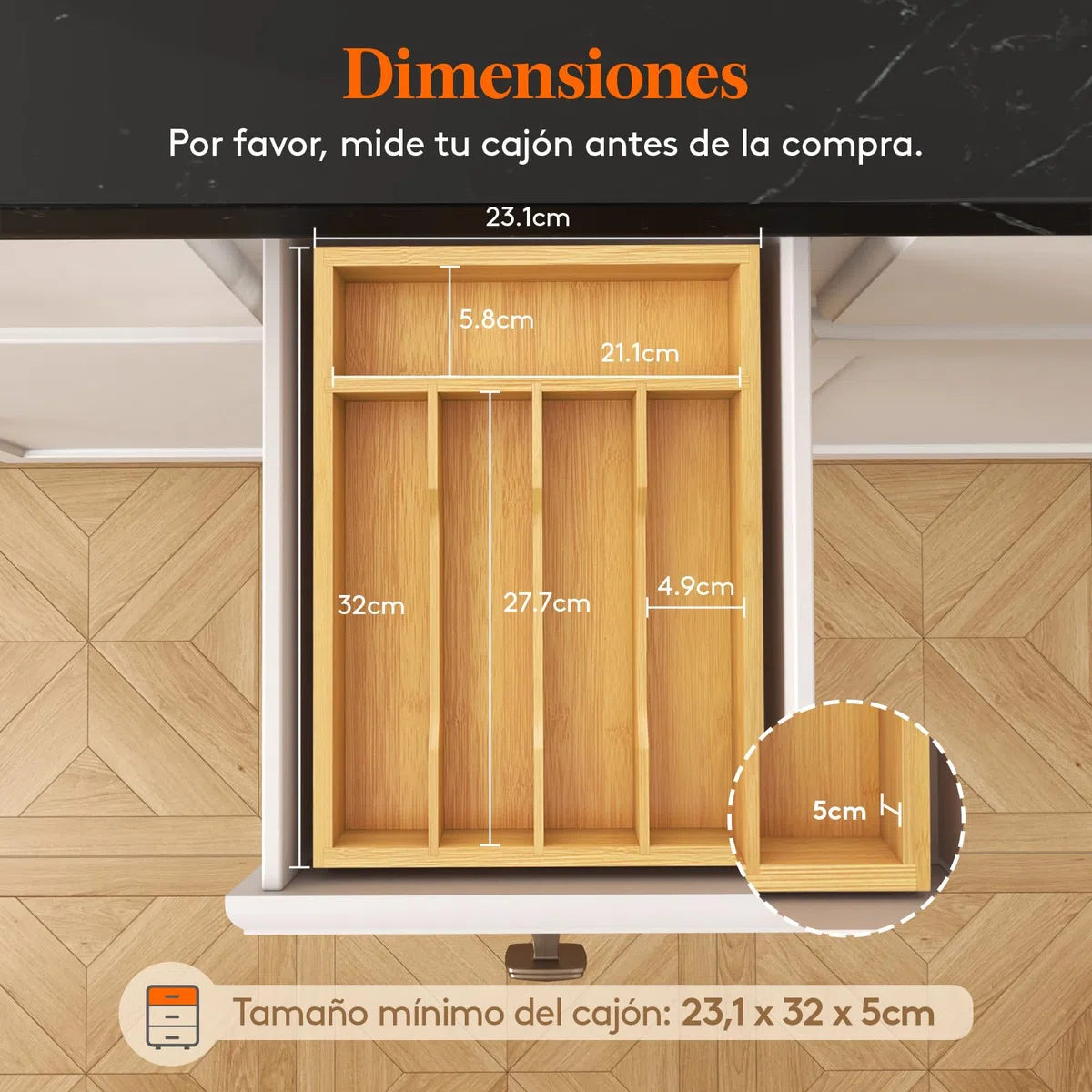 Lifewit Bandeja para Cubiertos, Organizador Cajones de Cubertos de Bambú, Cocina Organizador de Cubertería Compacto para Cucharas, Tenedores, Utensilios, Cuchillos, 5 Compartimentos, Natural