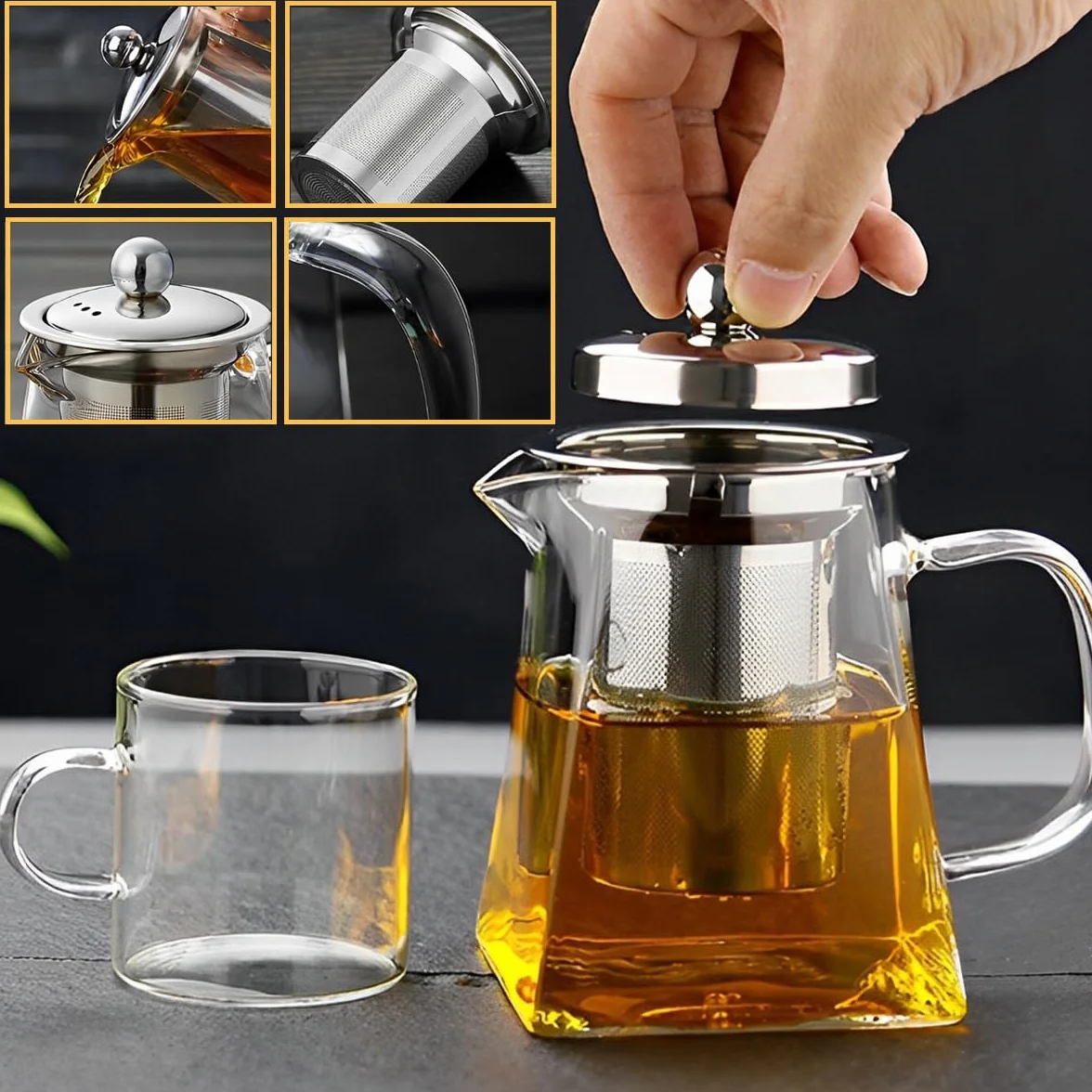 LiRiQi Tetera de vidrio con infusor, 950 ml - Tetera con colador extraíble de acero inoxidable resistente al calor, para té y café