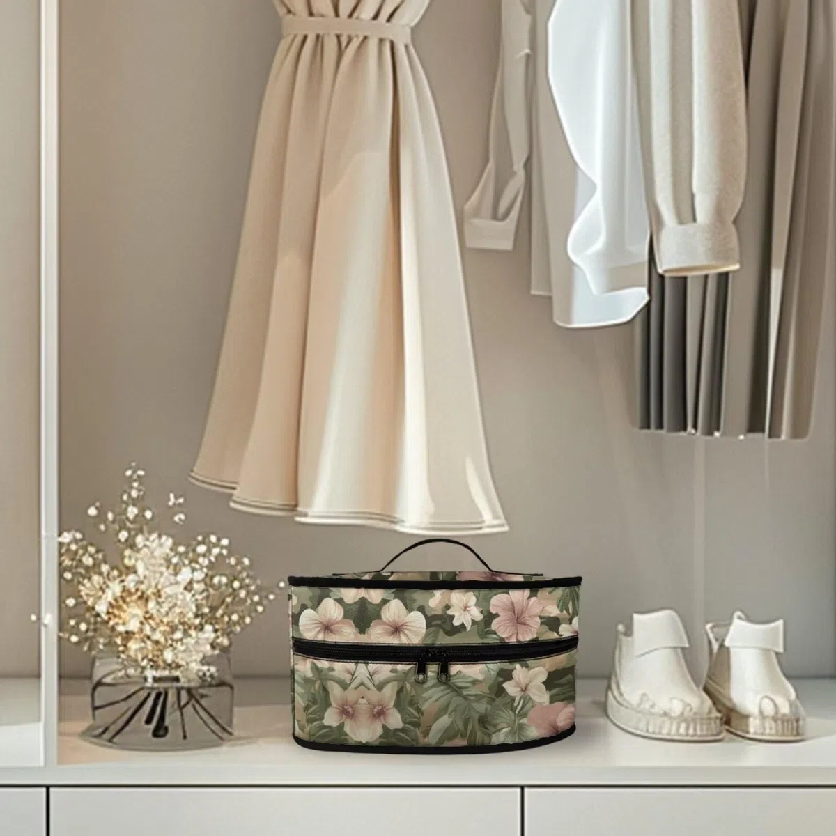Bolsa de almacenamiento de hierro floral vintage con asa y cierre de cremallera, bolsa de almacenamiento portátil, bolsas de viaje