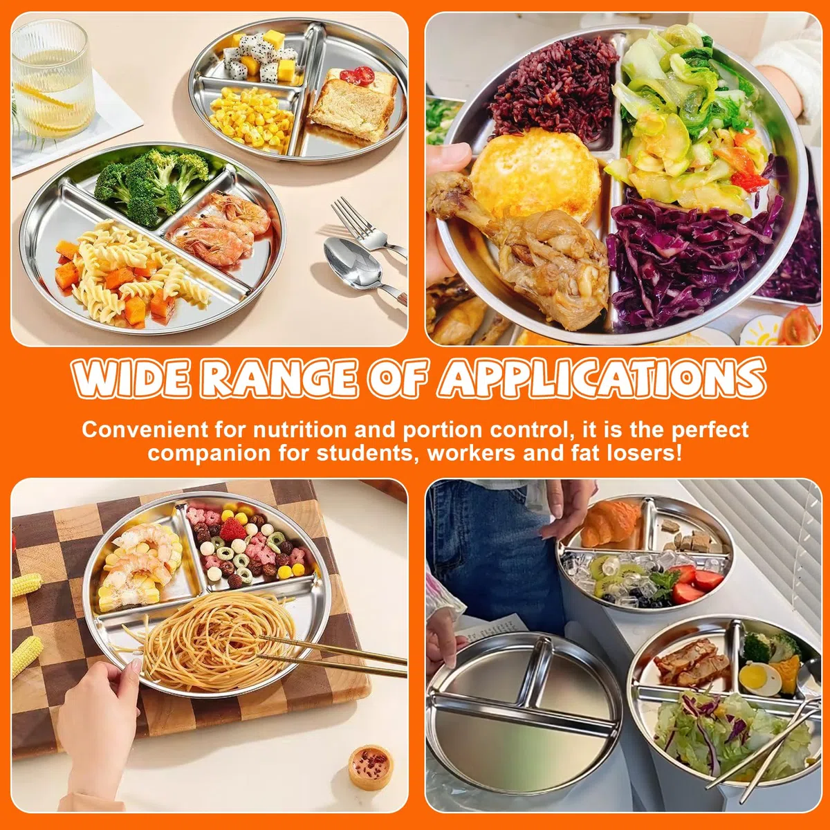 3 PCS Platos Divididos de Acero Inoxidable, Plato para Dieta en 3 Zonas para Adultos y Niños, Plato con Separadores, Platos Saludables Control de Porciones para Almuerzo y Cenas -23cm