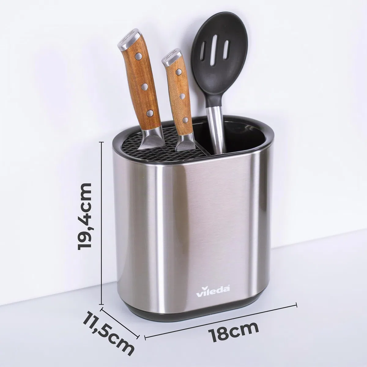 Vileda Organizador de cocina de acero inoxidable – Recipiente para guardar utensilios de cocina – Utensilios de cocina Soporte – Soporte para utensilios de cocina – Soporte para cucharas de cocina