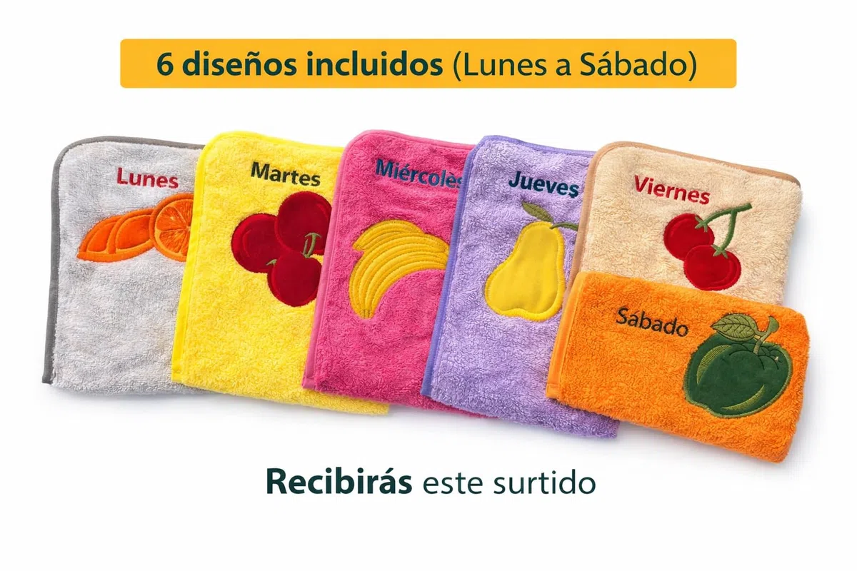 Genérico Paños de Cocina 100% Algodón (6 Unidades, 50×50 cm) – Bordados con Días de la Semana – Paños Absorbentes y Duraderos para Hogar y Cocina