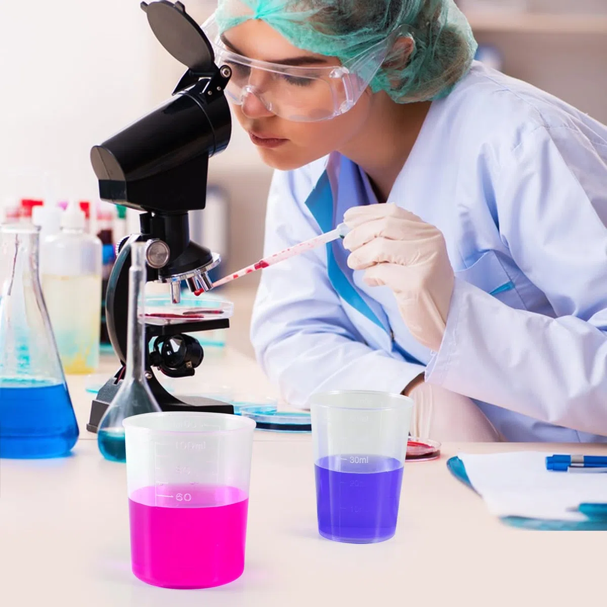 30 Piezas Vasos Medidores de Reutilizable Plástico, 30ml/50ml/100ml Tazas Medidoras de Líquido, Tazas Medidoras Transparentes, con Gotero y Cuchara de Mezcla para Hornear y Laboratorio