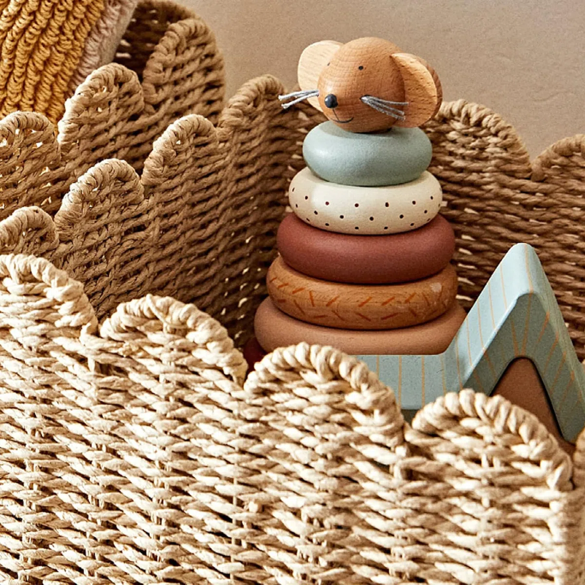1 Cesta Tejida pequeña, Organizador de Cuerda de Papel de Borde Festoneado para la Cocina, el baño y la decoración del hogar