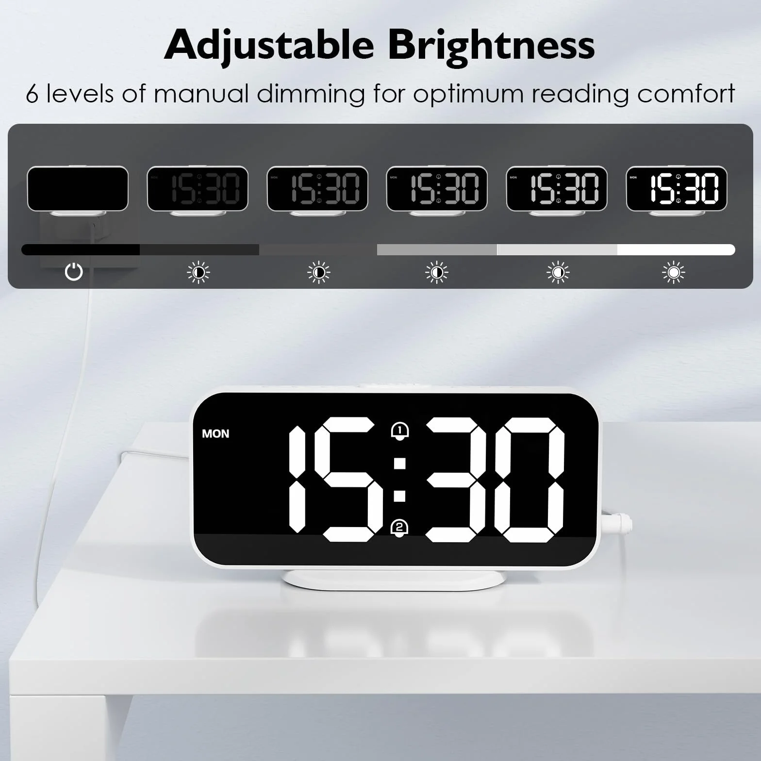 Despertador Digital Pantalla LED Espejo Clara Grande Alimentación por Cable USB Eléctrico, Reloj Despertador Digital Brillo Regulable con Snooze, 2 Puertos de Carga USB, Incluye Adaptador
