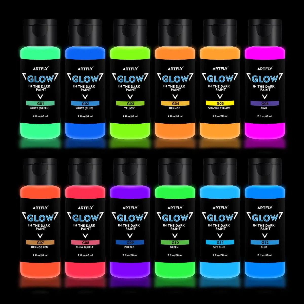 ARTFLY Glow in The Dark el juego de pintura brillante, contiene 12 colores de 60ml/2oz, con pigmentos ricos, perfecta para pintura de arte, proyectos de DIY y decolarciones festivales