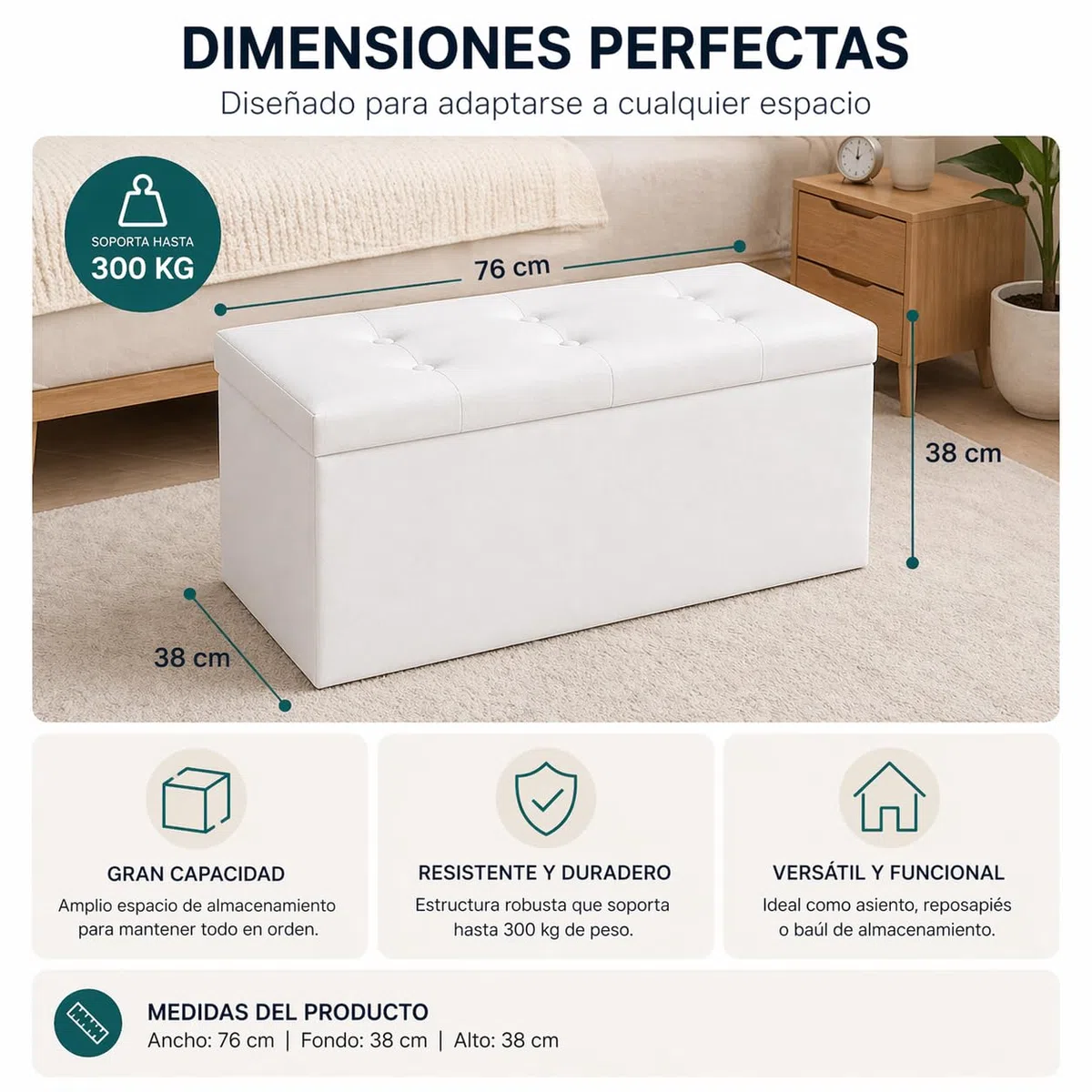 T-LOVENDO.ES Puff o Banco de almacenaje Plegable | Taburete Reposapiés Otomana | Baúl de Almacenamiento para Cama, Dormitorio, salón, Comedor o Recibidor | 38x76x38cm | Soporta 300kg.
