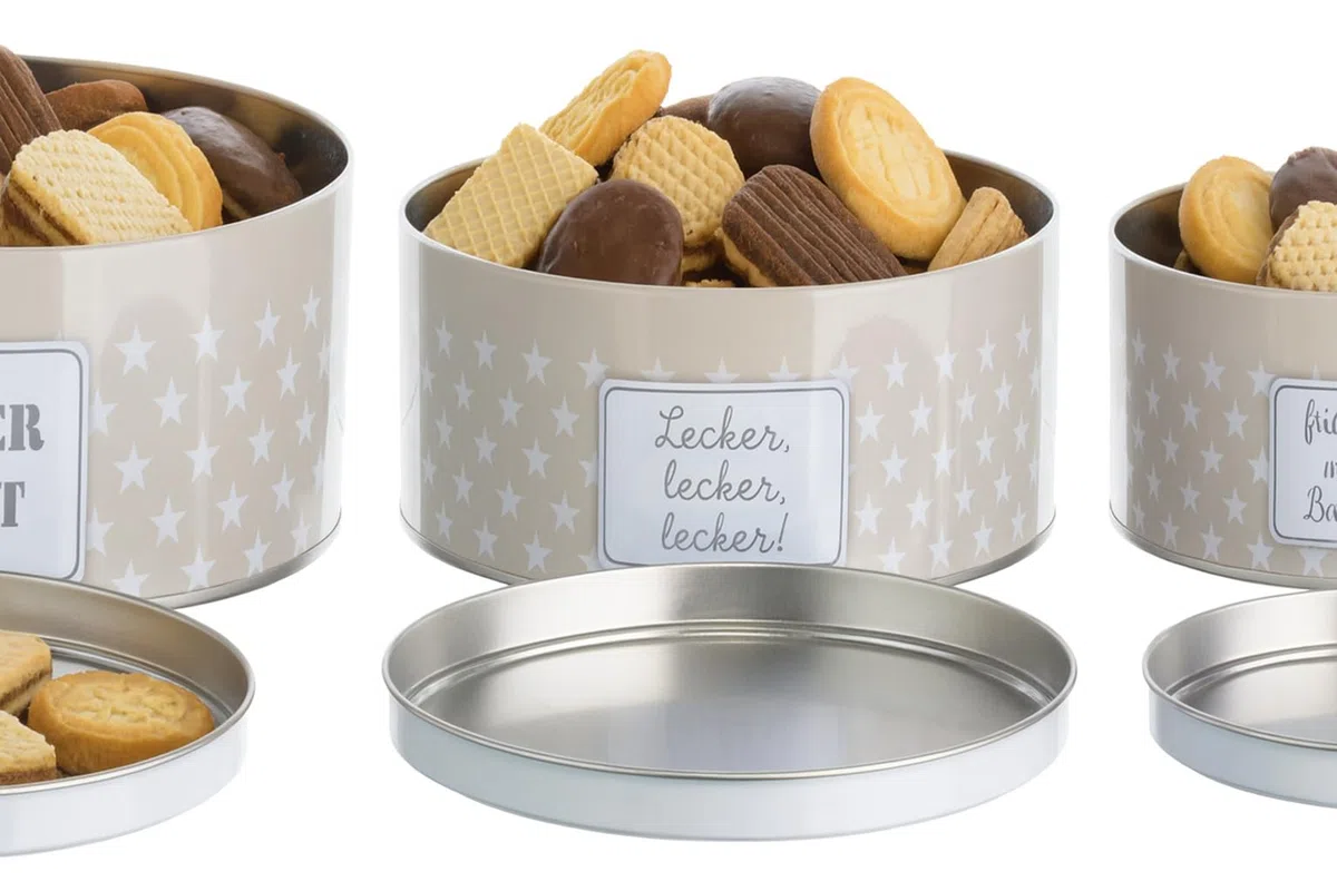 Brandsseller Juego de 3 latas para galletas de metal – redondas, apilables y con tapa – aptas para alimentos, ideales para guardar dulces, galletas y pastas navideñas – diseño estrellas gris