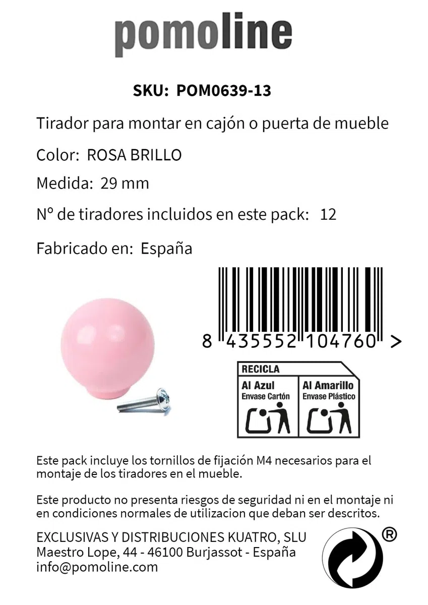 12 Un. TIRADOR Pomo Mueble Infantil bola resina ABS rosa brillo - Diámetro 29MM para