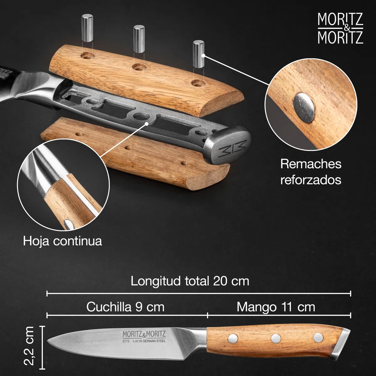 Moritz Cuchillo 9 cm para cortes precisos de verduras y frutas - mango ergonómico de acacia - multiusos de acero alemán