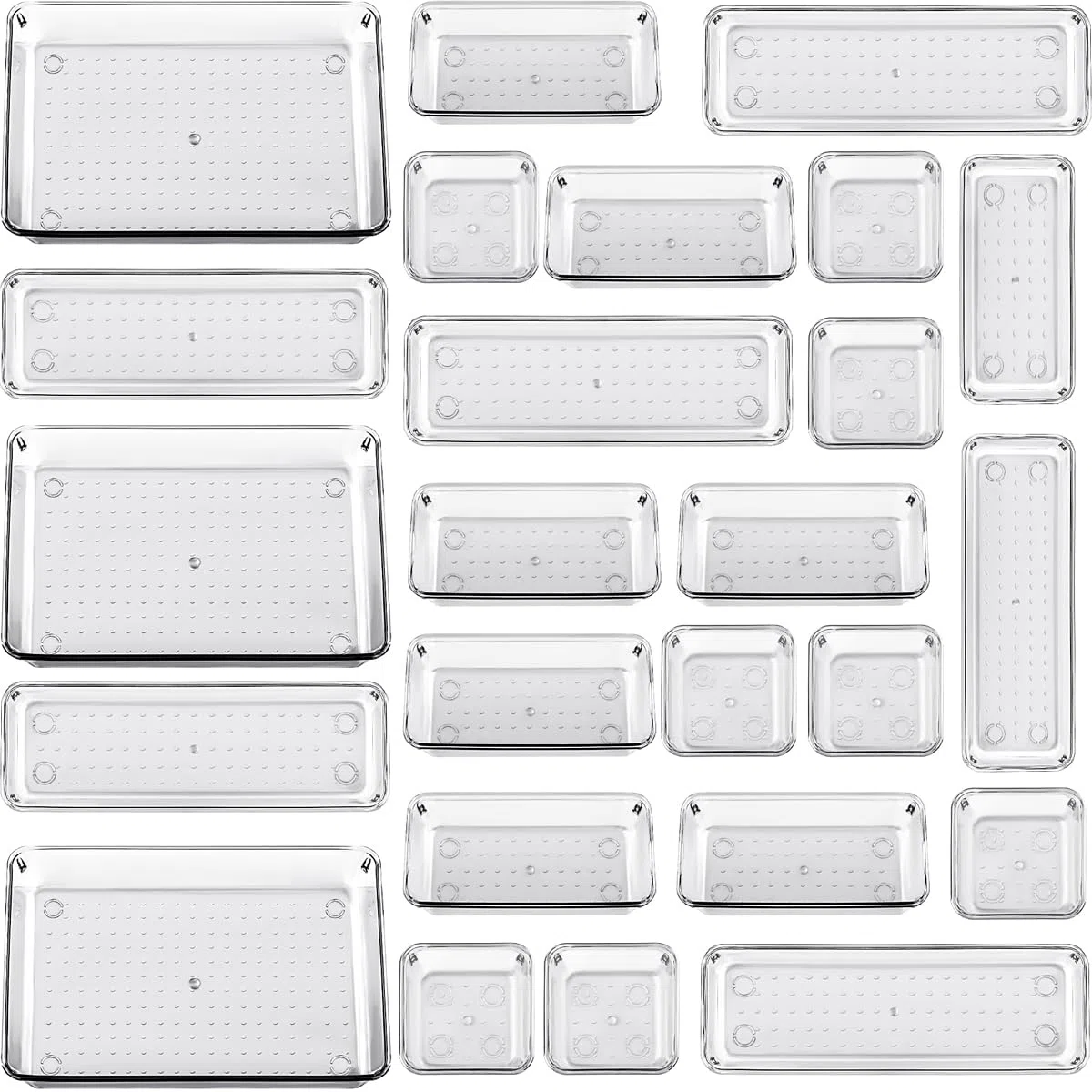 Set de 25 Cajones de Organización | Organizadores de Plástico Transparentes | Separadores de Cajones para Escritorio | Baño | Cocina | Frigorífico | Despensa | Maquillaje | Joyas | Multiusos