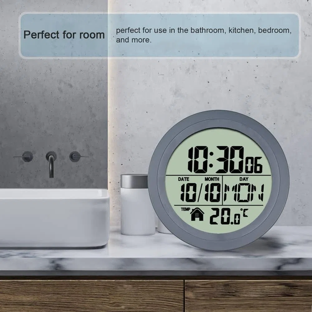 1 reloj con ventosa para el hogar, resistente al agua, para baño, cocina, pantalla digital LCD, detector de temperatura, color gris