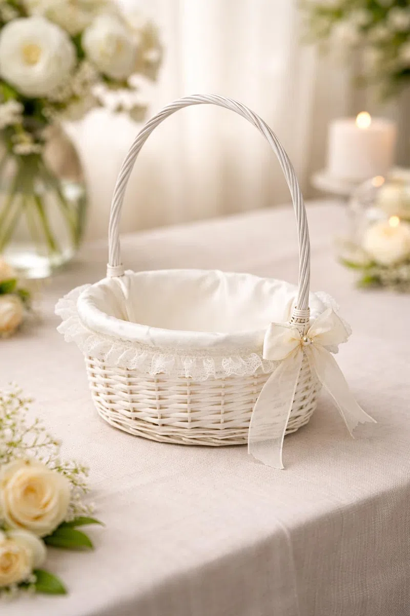 Canastilla Tela Blanca - Cesta de Mimbre Blanca para Comuniones, Bautizos, Flores, Decoración y Almacenaje - 30 * 30 * 37