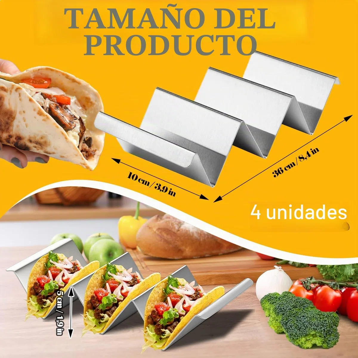 Soporte para Tacos, 4 Soportes para Tacos de Acero Inoxidable con Asas Incorporadas, Bandeja para Taco Burritos Tapas, Sujetar Tacos, Bocadillos, Perritos Calientes y Tortitas Seguro Horno y Parrilla