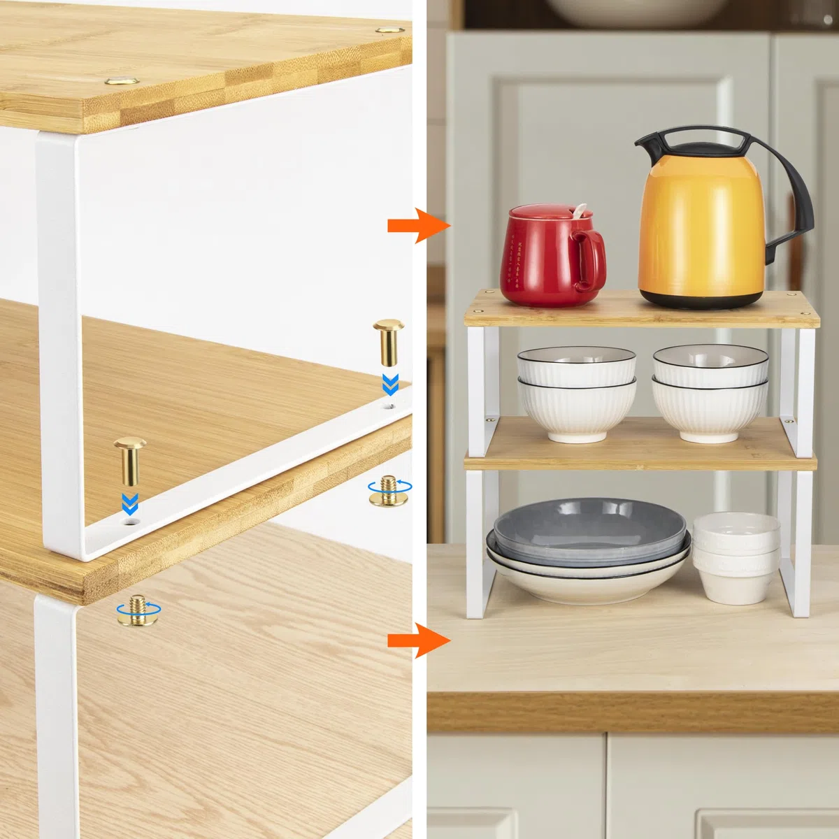 QIWODE Estante organizador expandible para gabinete, juego de 2 estantes de almacenamiento apilables para encimera de cocina, estante de despensa, estante de especias, metal y bambú