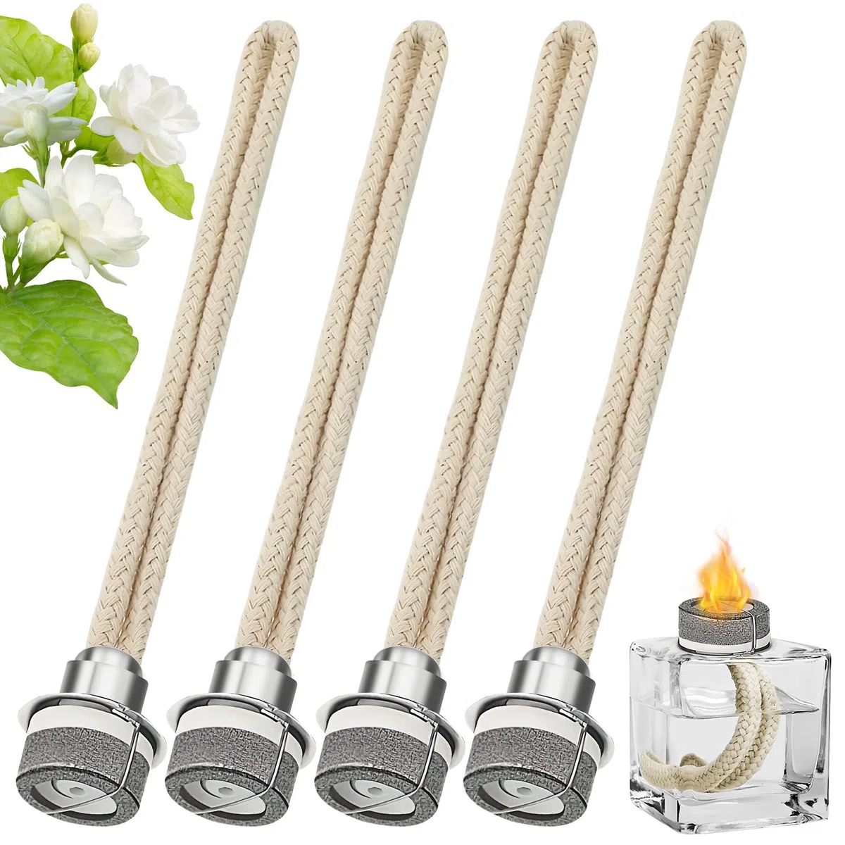 Juego de 4 lámparas de aceite con mecha catalítica, 4 unidades, repuesto de mecha catalítica, con quemador, para mejorar el aire de la habitación, decoración del hogar, 18 cm (plata)