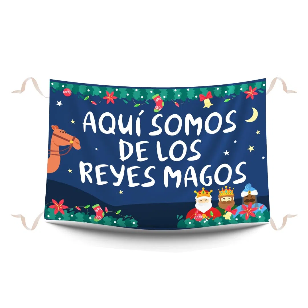 Balconeras de Navidad "AquÍ somos de los Reyes Magos". Decoración navideña. Colgaduras divertidas de Navidad. Reposteros navideños para decorar balcones. Medidas 100 x 70 cm.