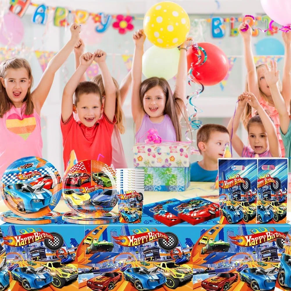 Vajilla Cumpleaños Coche de Carrera, Decoración de Coche de Carreras, Autos Vajilla Infantil Incluir Mantel, Platos de 7'', Platos de 9'', Vasos, Vasos, Servilletas - 10 Personas