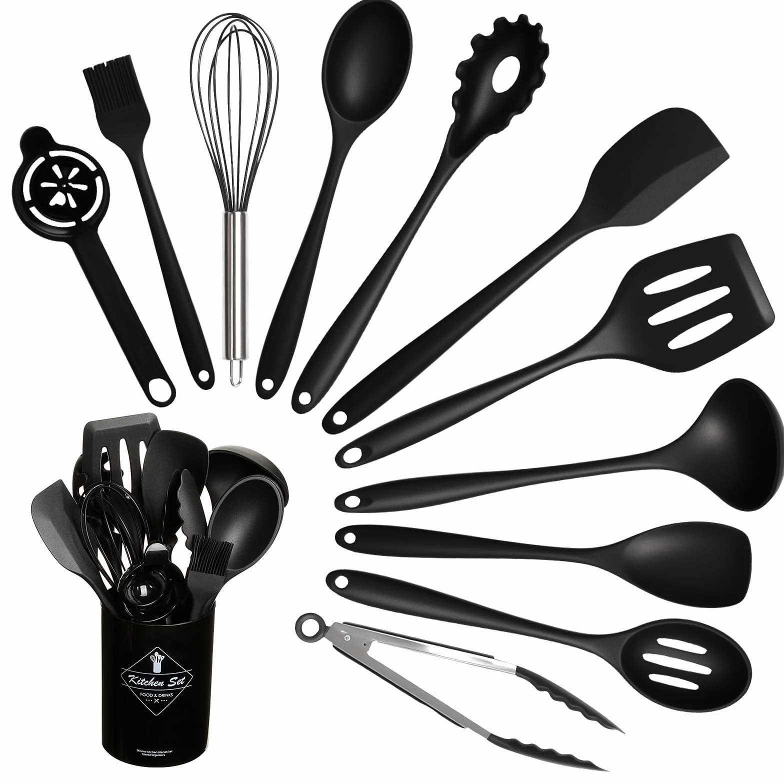 VINATO Juego de Utensilios de Cocina 12 Piezas de Silicona Alimentaria, Utensilios de Cocina sin BPA | Apto Lavavajillas, Negro