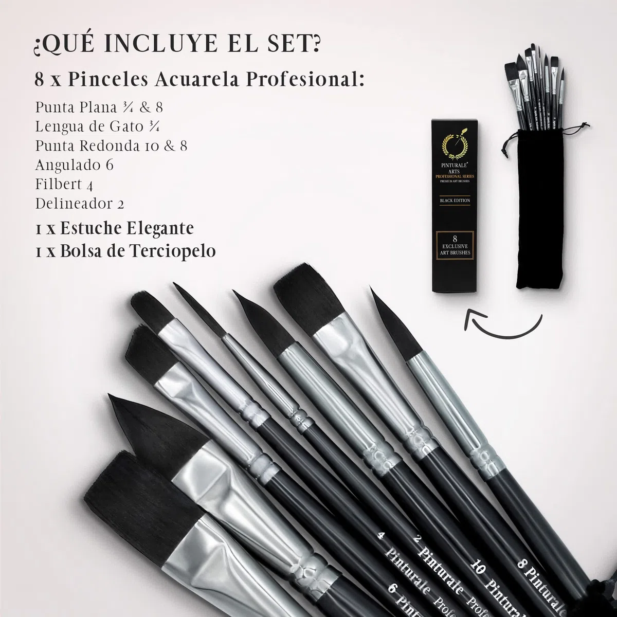 Pinturale Set 8 Pinceles Acuarela Profesional | Black Series | Gran Absorción Y Control del Agua para Un Flujo Constante | Pincel Acuarela para Artistas