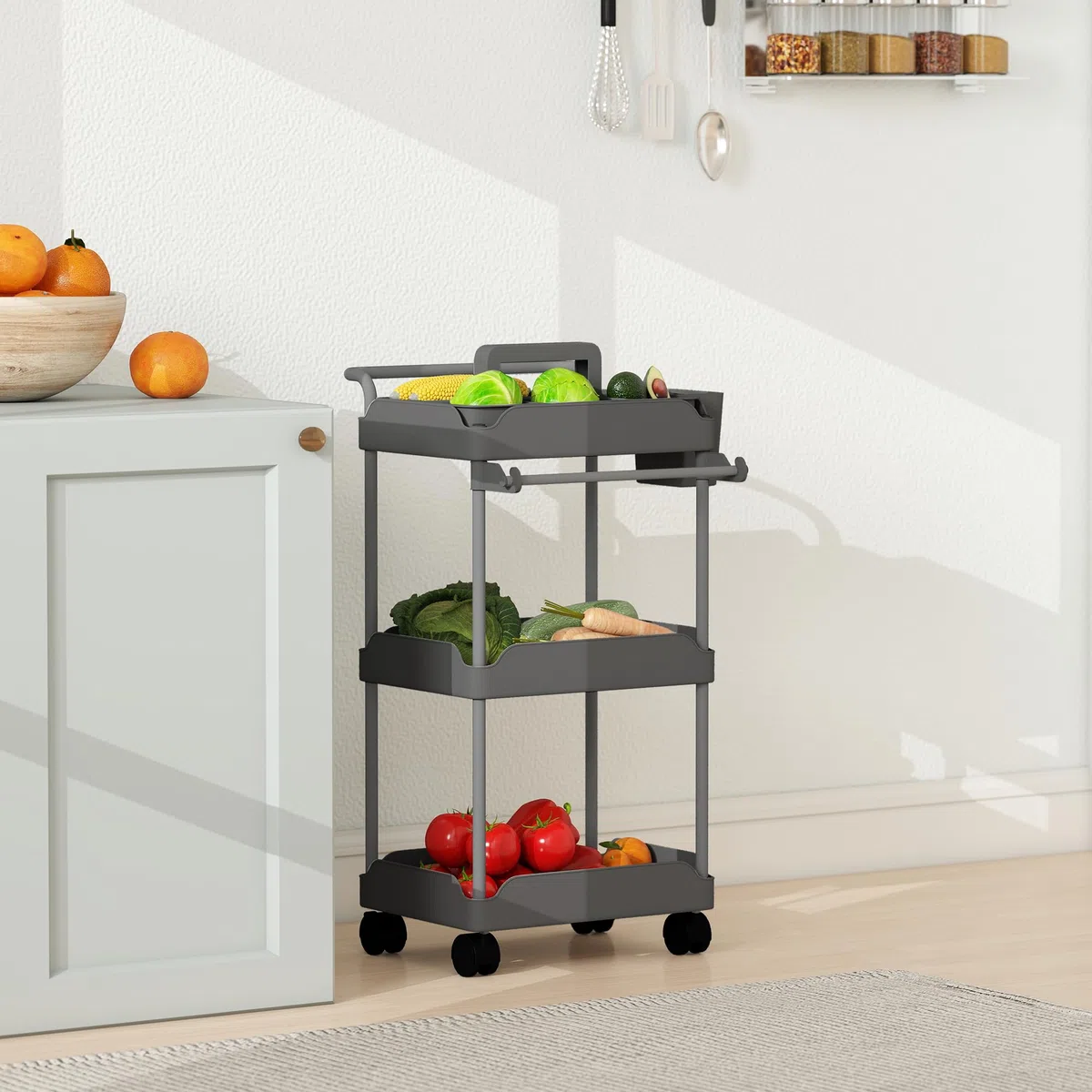 HOMCOM Carrito Auxiliar con Ruedas de 3 Niveles, Carrito de Cocina con Cestas Extraíbles, Ruedas con Freno, Soporte para Toallas y Marco de Metal, para Comedor, Salón, Baño, Oficina, Gris