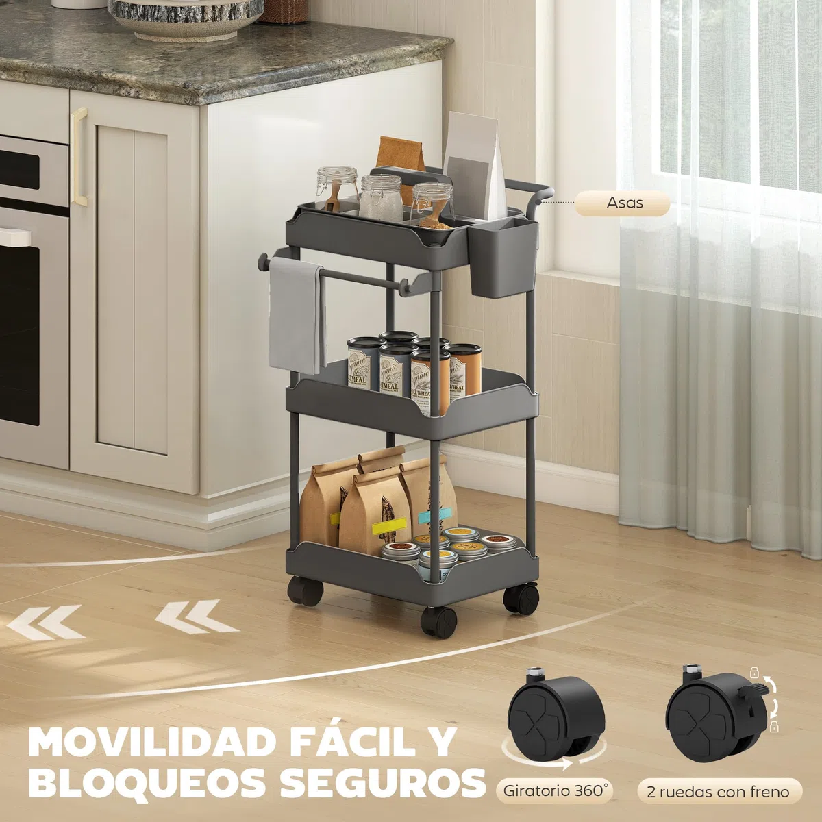 HOMCOM Carrito Auxiliar con Ruedas de 3 Niveles, Carrito de Cocina con Cestas Extraíbles, Ruedas con Freno, Soporte para Toallas y Marco de Metal, para Comedor, Salón, Baño, Oficina, Gris