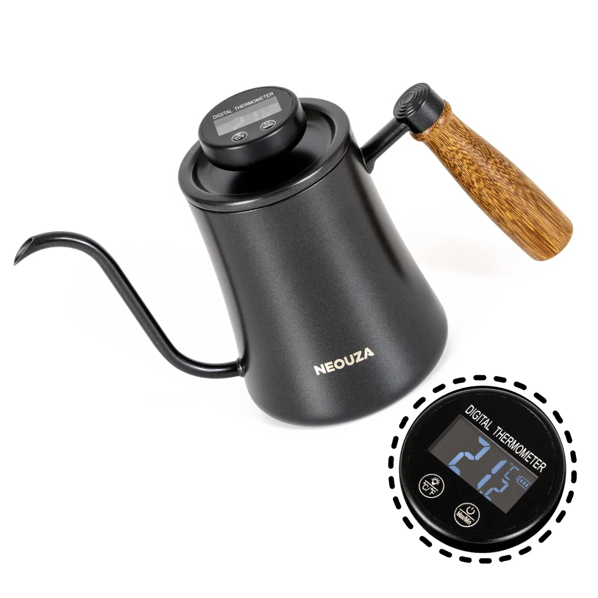 Pour Over Coffee - Hervidor de cuello de ganso, 600 ml, con termómetro de alta precisión, acero inoxidable 304, mango ergonómico de madera, opciones de calefacción versátiles, fácil de limpiar