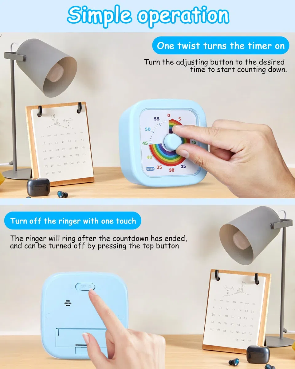 Temporizador Visual Cuenta Regresiva de 60 Minutos Rainbow Temporizador Niños, Silencioso, Herramienta de Gestión del Tiempo para Niños y Adultos,para Aula Escuela Oficina Cocina (Azul)