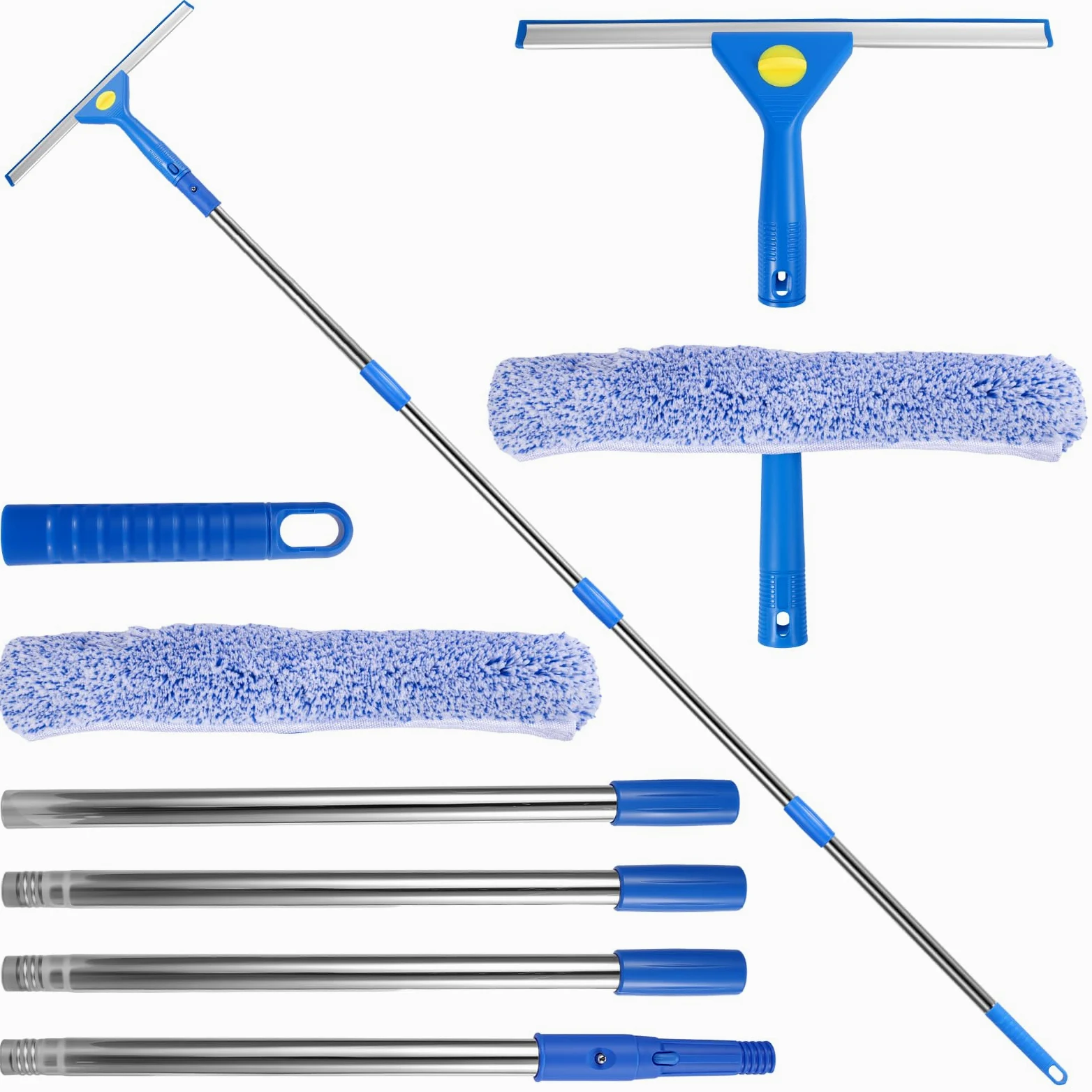 Limpiador de Ventanas con Mango Telescópico, Limpiacristales de Microfibra y Rasqueta de Silicona, Microfibra para Baño, Ducha, Cristal, Espejo, Coche
