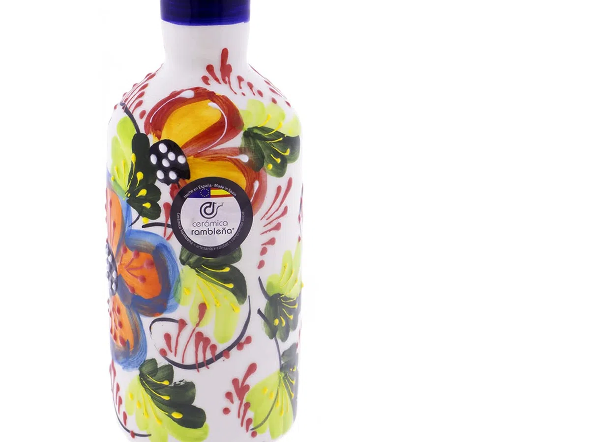 CERÁMICA RAMBLEÑA | Aceitera Amazon | Aceitera antigoteo cerámica decoración Blanca - Modelo 01 | 500 ml | 100% Decorado a mano | 7x7x24 cm