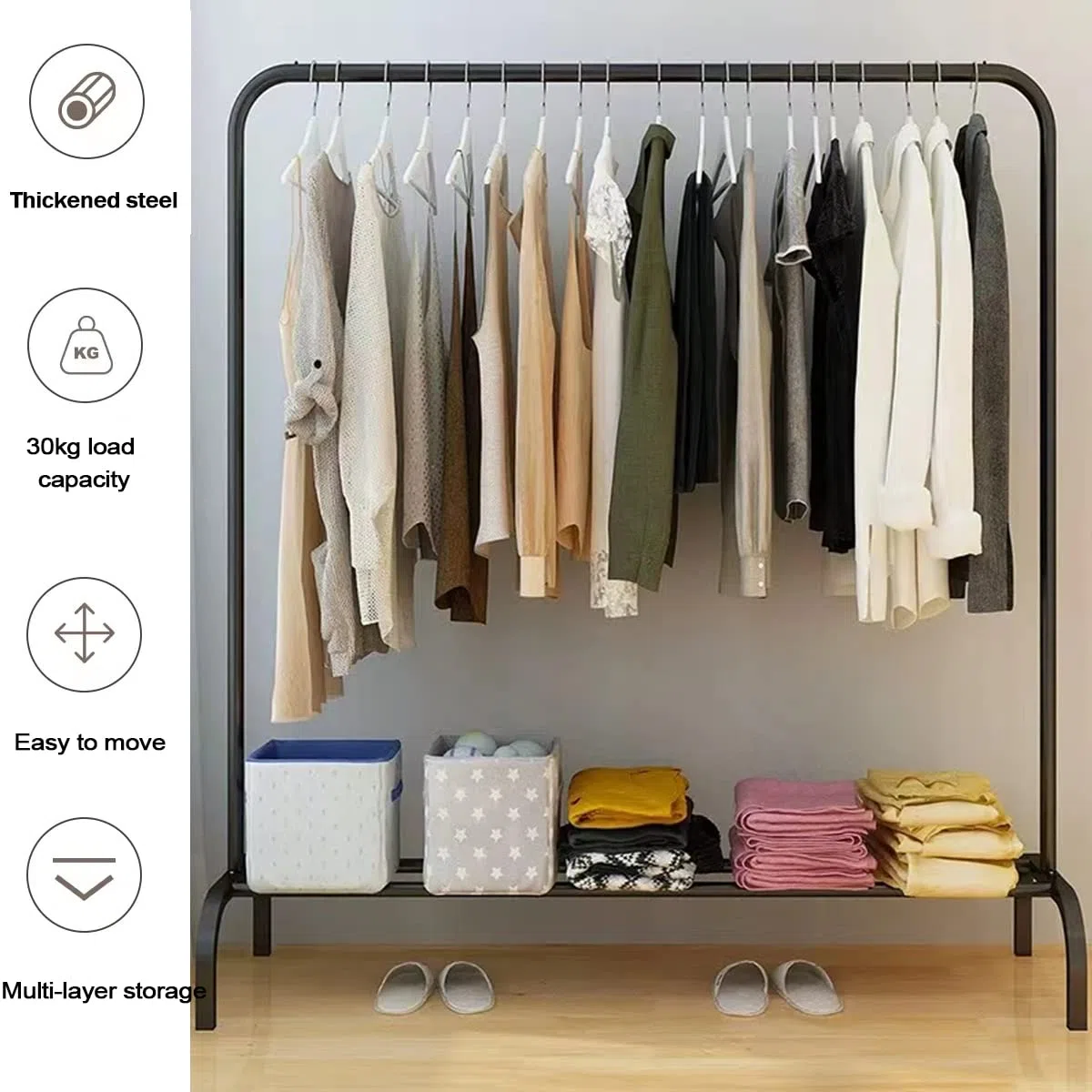 Vivo Technologies Perchero de metal con barra para colgar y estante de almacenamiento, perchero de ropa para dormitorio, rieles colgantes para ropa, color negro