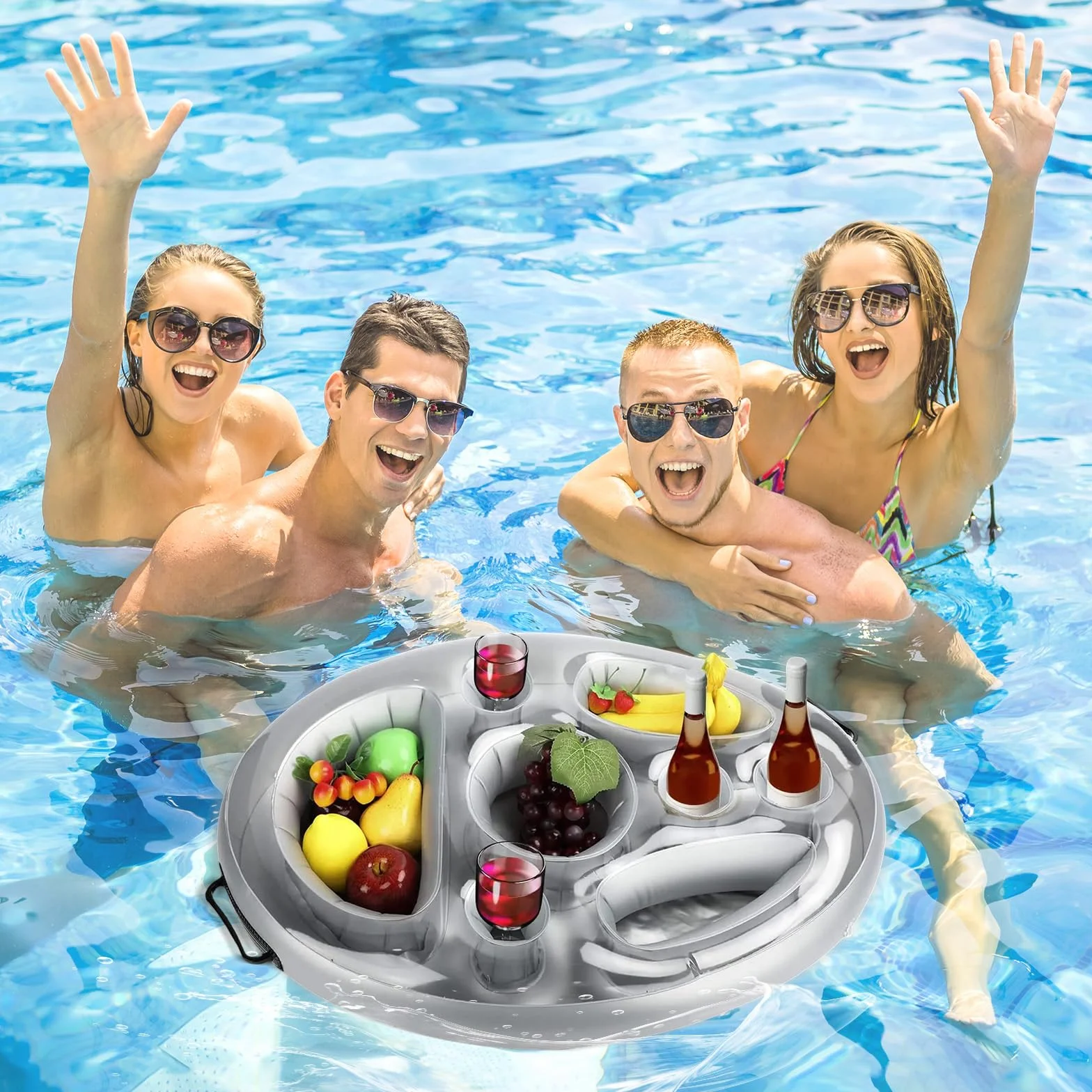 Posavasos Flotante Bebidas Bocadillos Piscina 2 en 1,Portavasos Servidor Buffet Inflable 8 Agujeros,Soporte Bandeja Hinchable Gran Capacidad,Titular SPA Piscinapara Verano,Mesa Fiesta Frutas Bar Playa