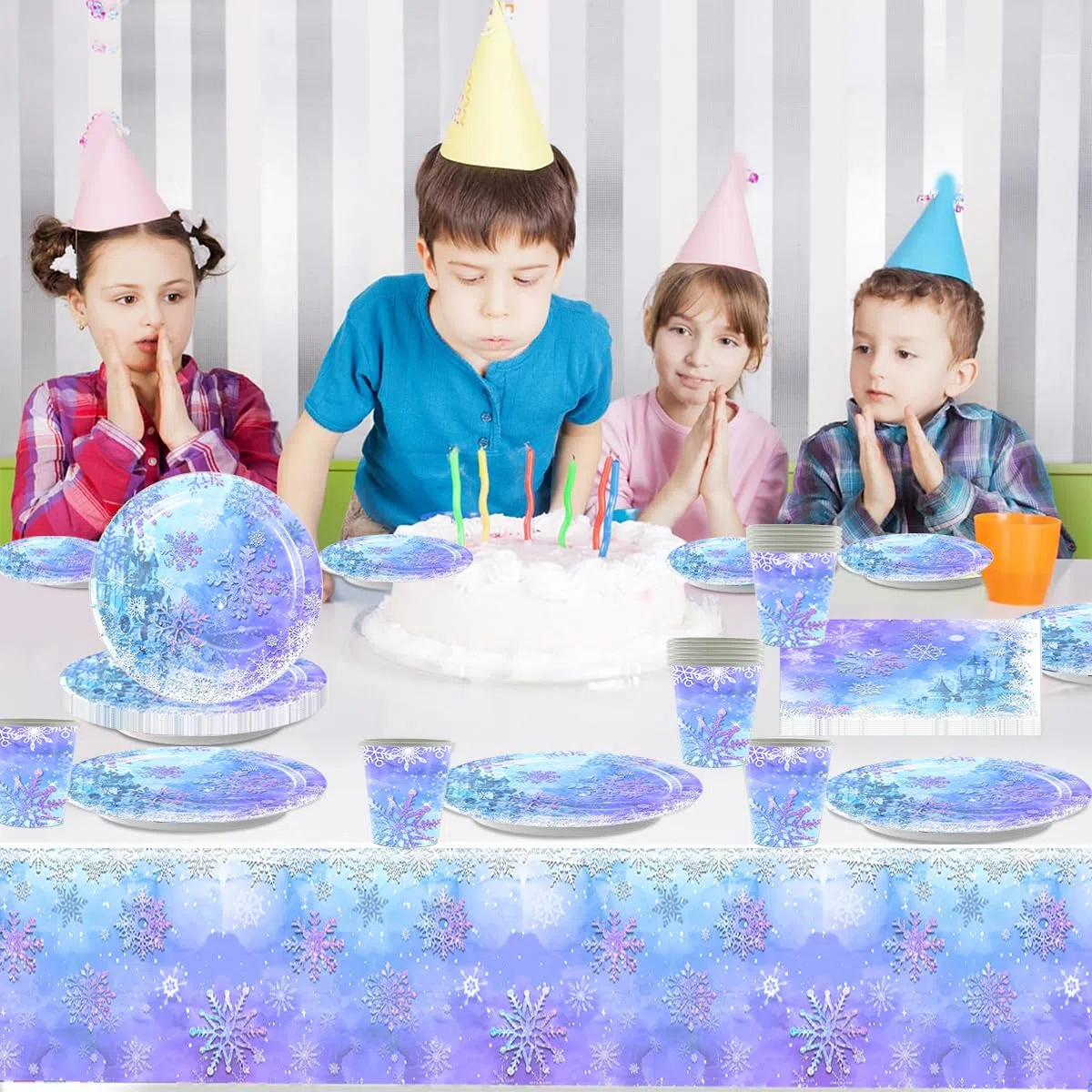 61 piezas Vajilla fiesta Frozen, juego de vajilla copo de nieve azul y morado, 20 servilletas 20 vasos de papel 20 platos de papel 1 mantel, vajilla para niños y adultos
