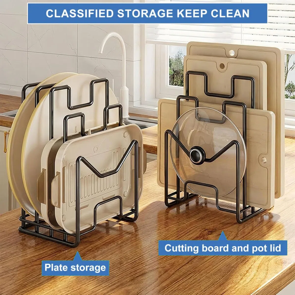 Soporte para Bandejas De Cocina y Tablas con 4 Compartimentos, Organizador Metálico para Tapas De Ollas, Espátulas, Platos y Bandejas De Horno