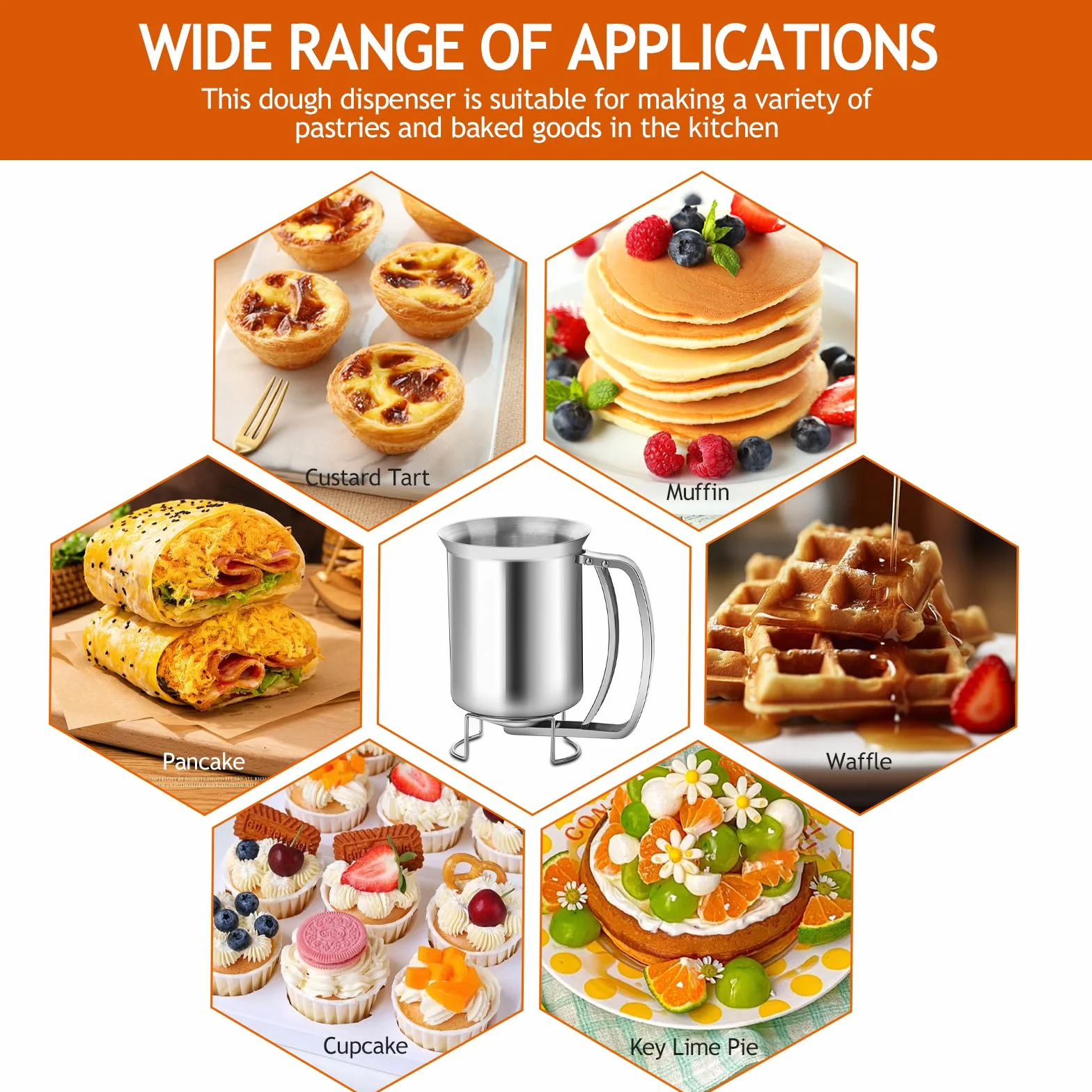 Dispensador Masa Acero Inoxidable 900ml, Dispensador Líquido Tarta Huevo con Mango Presionando, Embudo Reposteria Profesional Cocina para Pasteles, Panqueques, Magdalenas, Gofres, Crepes, Tortitas