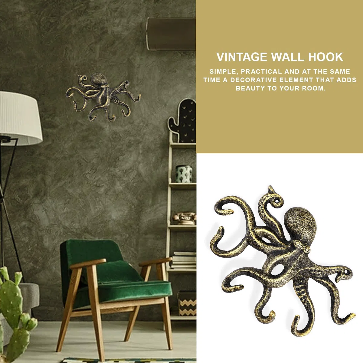 efuturetime Colgador Pared de Pulpo, Gancho de Pared de Hierro con Tornillos, Rústico Percheros de Pared para Colgar Ropa Llaves Sombreros Bolsos, Oro-Negro