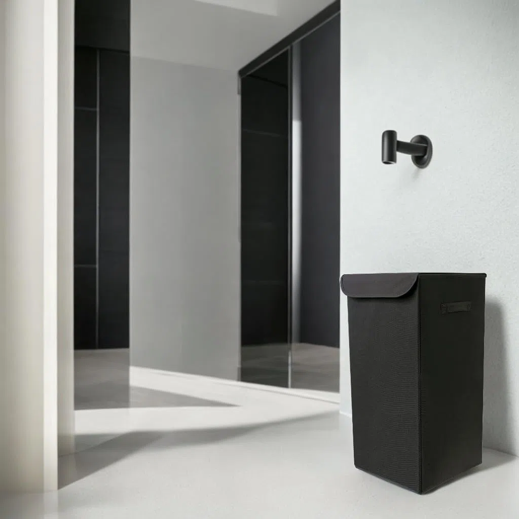 Box and beyond - Cesta de lavandería (30 x 30 x 60 cm, tela negra, tapa – asas – almacenamiento, ropa, ropa, baño, dormitorio, lavandería, estilo sencillo y práctico