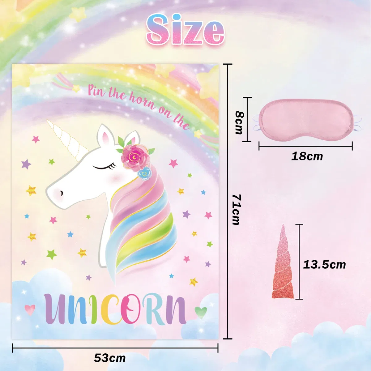 Juego de Fiesta de Unicornio - 53cm x 72cm Suministros para Fiestas Temáticas de Unicornio para Niñas y Niños Ponle el Cuerno al Unicornio con 24 Pegatinas de Cuerno Cartel del Juego de Cumpleaños