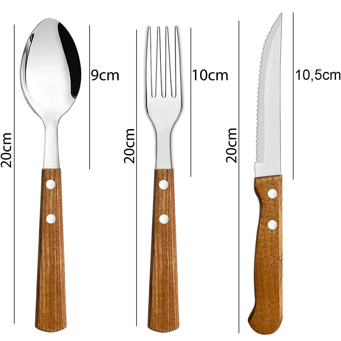 Juego de 12 Cubiertos con Mango de Madera Natural, Cubertería en Acero Inoxidable -Incluye Cuchillos, Tenedores y Cucharas (4 Comensales)