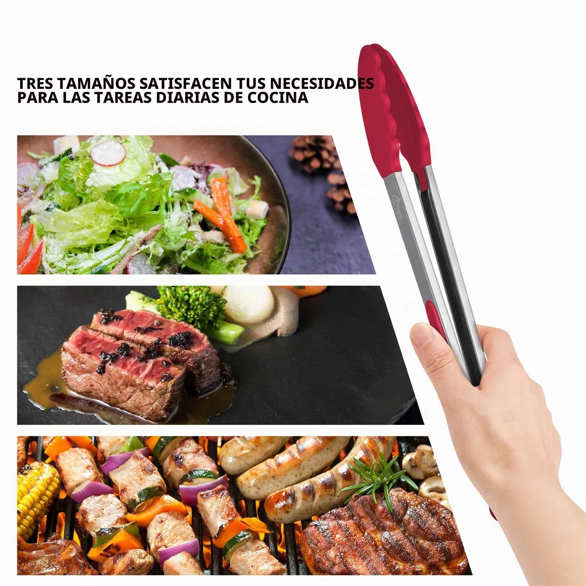 Hotec Pinzas de Cocina de Acero Inoxidable con Puntas de Silicona, 17.8cm, 23cm, 30.5cm,Multicolor