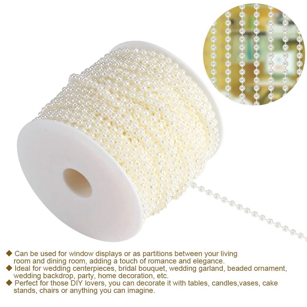 40M Rollos De Cuentas, 4Mm De Diámetro Artificial Cadena De Cuentas De Arte De Bricolaje Adornos Adornos Cortina Rollo De Cuentas para La Boda Evento Festival Fiesta Decoración(Beige)