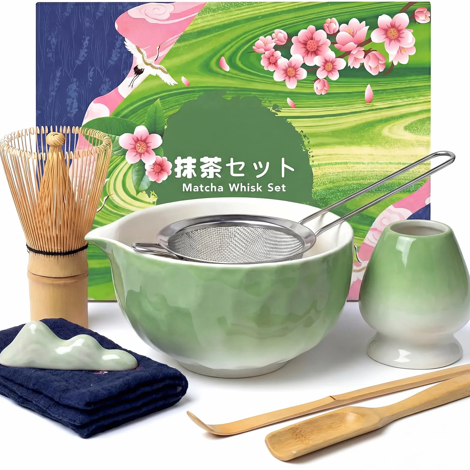 Matcha Kit 8 piezas, Kit Té Matcha Completo Con Cuenco Matcha, Batidor Matcha, Soporte para Batidor, Cuchara, Tamiz, Paño, Kit de Té Matcha Artesanal para Amantes el Matcha, Verde