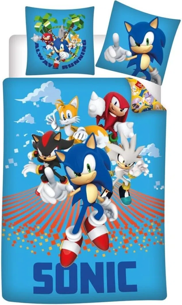 Sonic Funda Nórdica Bebé 100x135 + Funda Almohada 40x60 Tails Knuckles Azul | Ropa de cama bebé reversible | Algodón natural suave transpirable | SEGA oficial | Niño 0-3 | Cuna | Regalo | Idea regalo