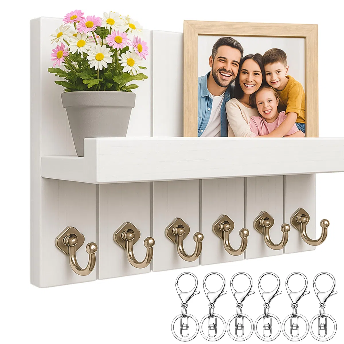 Colgador de Llaves con 6 Ganchos y 6 Llaveros – Cuelga Llaves Grande 30 * 20 * 12 – Porta Llaves Recibidor - Key Holder Wall - Llavero de Pared para la Entrada.