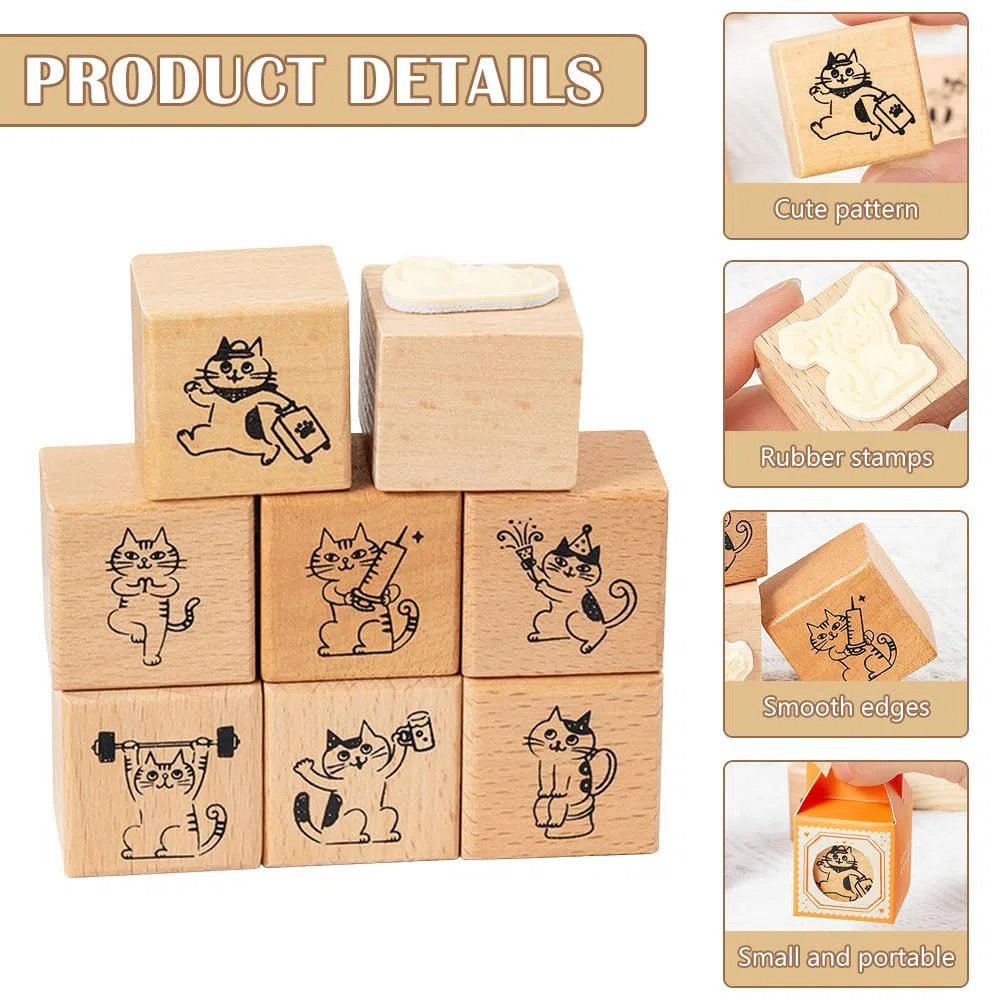 8 Piezas Sellos de Goma de Gato Sellos de Goma de Madera Animal sellos Temáticos De Gato Kit de Sello De Madera De gato para DIY Scrapbooking, Manualidades,Tarjetas, Álbumes de Recortes